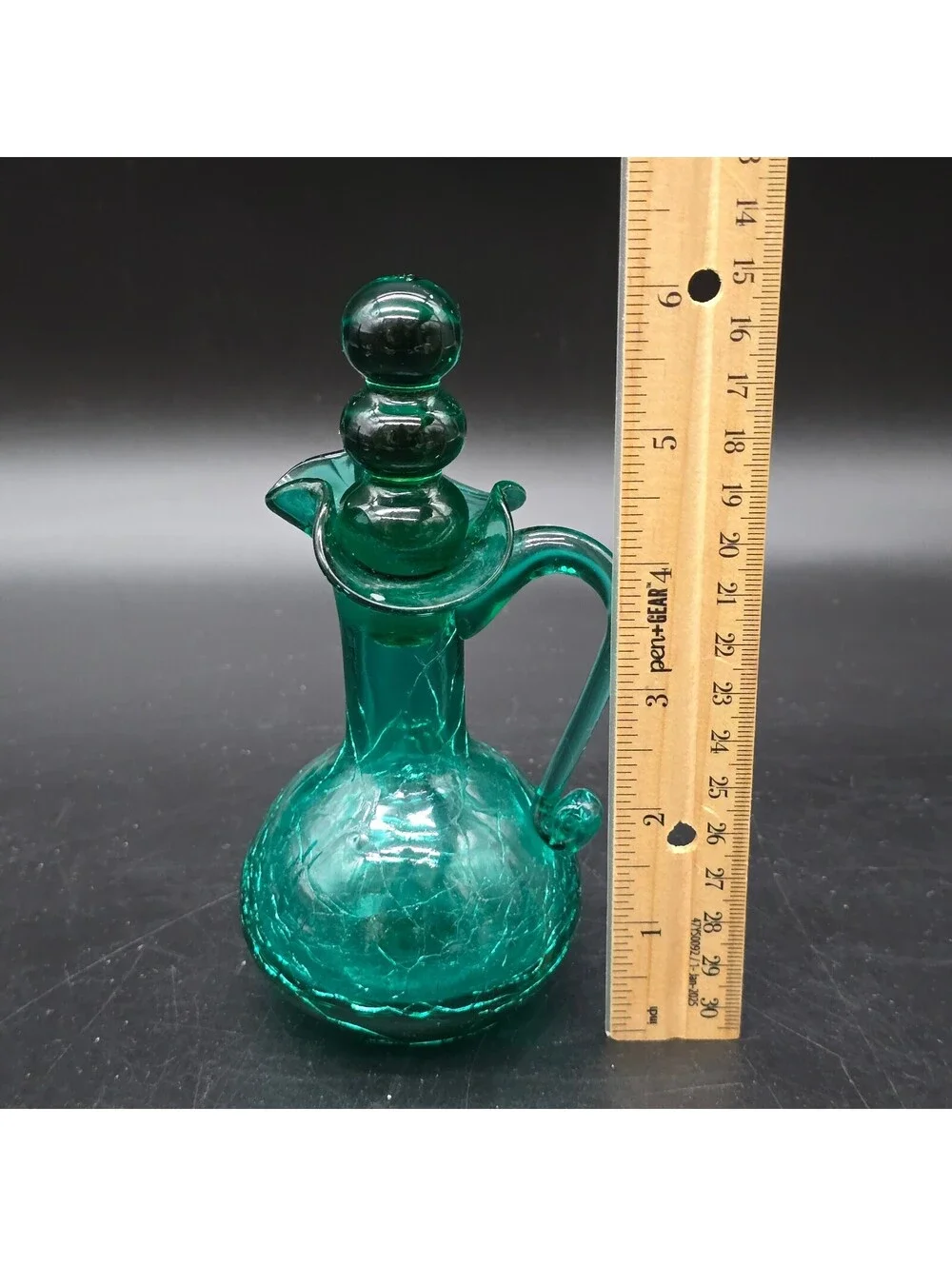 Vintage MCM Green Crackle Glass Miniature Cruet Pitcher Original Ball Stopper